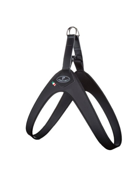 Pettorina per cani nera, modello Basic con chiusura a clip di Pratiko Pet. Prodotto artigianale Made in Italy.