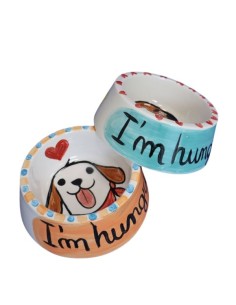 Handcrafted ceramic dog and cat bowl made in italy illustrated by artist Vania Bellosi