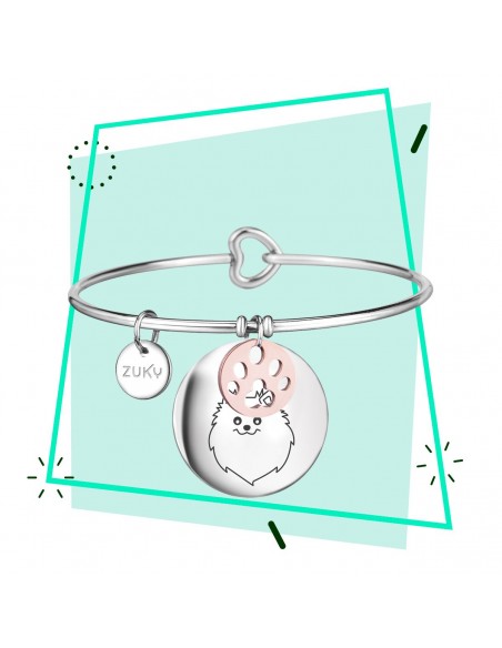 Pomeranian engraved steel bracelet with paw charm. Made in Italy by Zuki