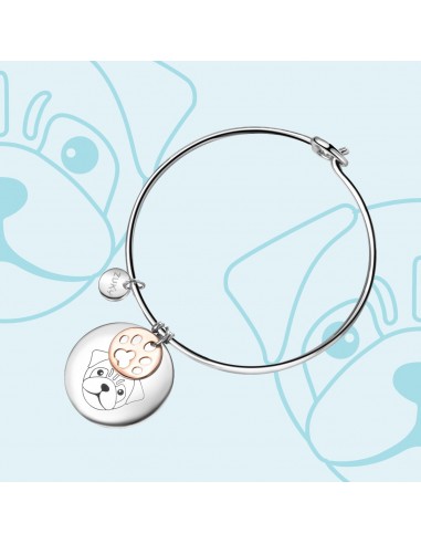 Pug engraved steel bracelet with paw charm. Made in Italy by Zuki
