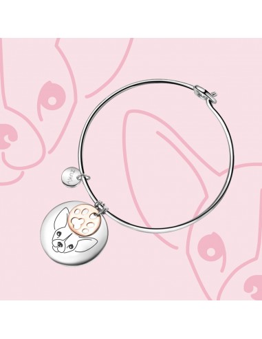 Engraved steel bracelet with paw charm for chihuahua lovers.
