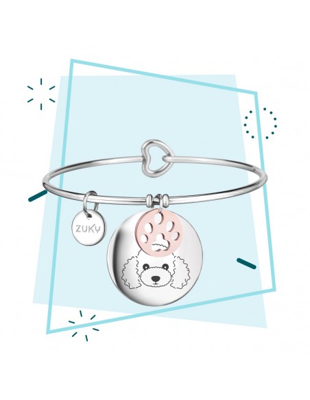 Poodle engraved steel bracelet with paw charm.