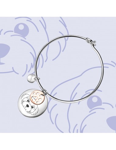 Maltese engraved steel bracelet with paw charm. Made in Italy by Zuki. For maltese lovers